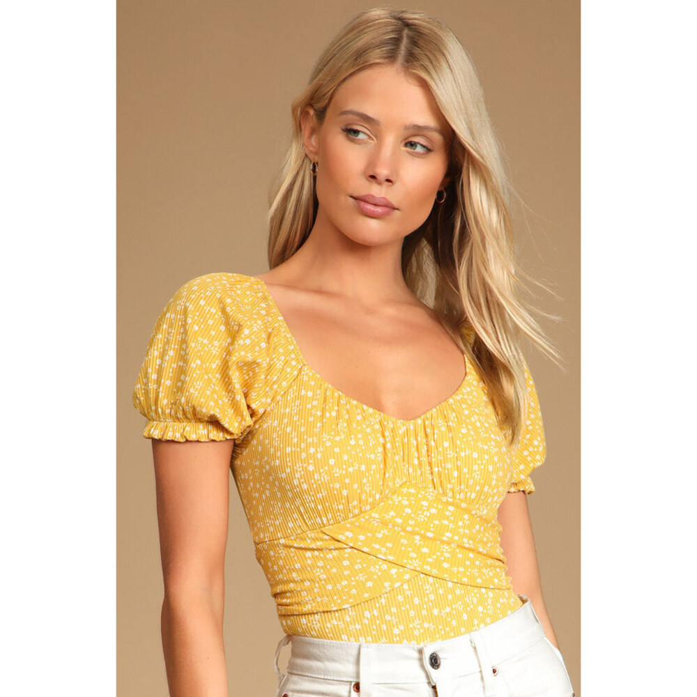 Lulus Come Into Bloom Mustard Yellow Floral Print Tie-back Bodysuit - Size M
